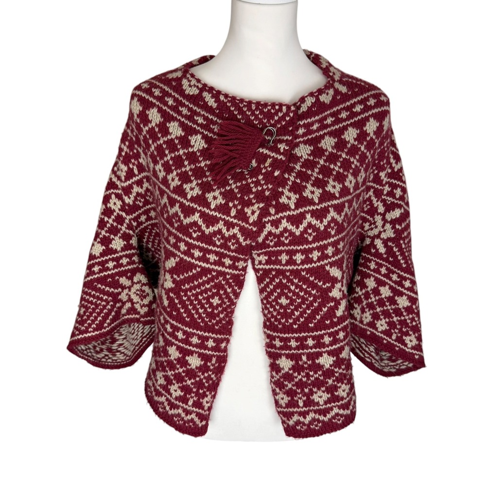 Cabi Alpine Cardigan‎ Burgundy Fair Isle Wool Blend Shrug Sweater 971 Womens M